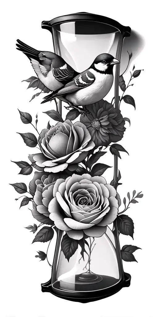 roses peonies hourglass sparrows tattoo design idea