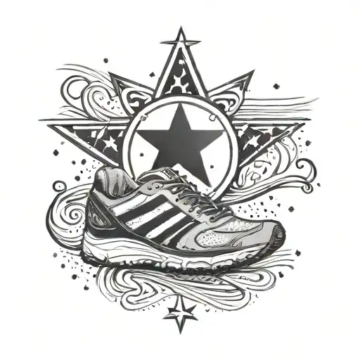 A black-grey tattoo of a stylized European Union flag with running shoe tracks forming the stars, reflecting the client's love for running and the EU tattoo design idea