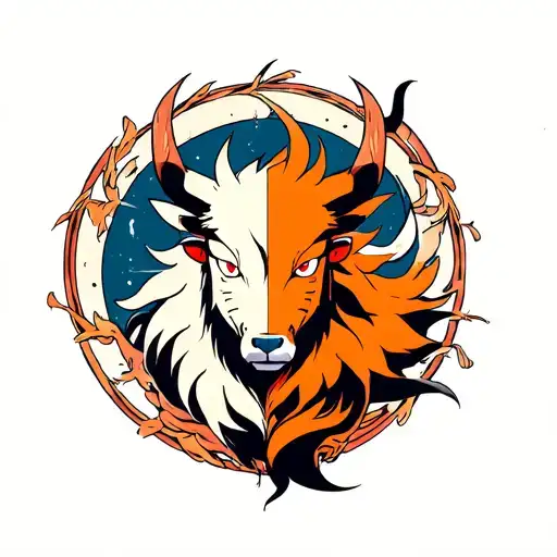 kurama in naruto and taurus combination in small circle with color tattoo design idea