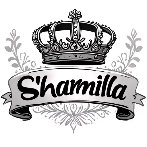 Wife name Sharmila with cursive font, in between queen crown. Bigger crown. tattoo design idea