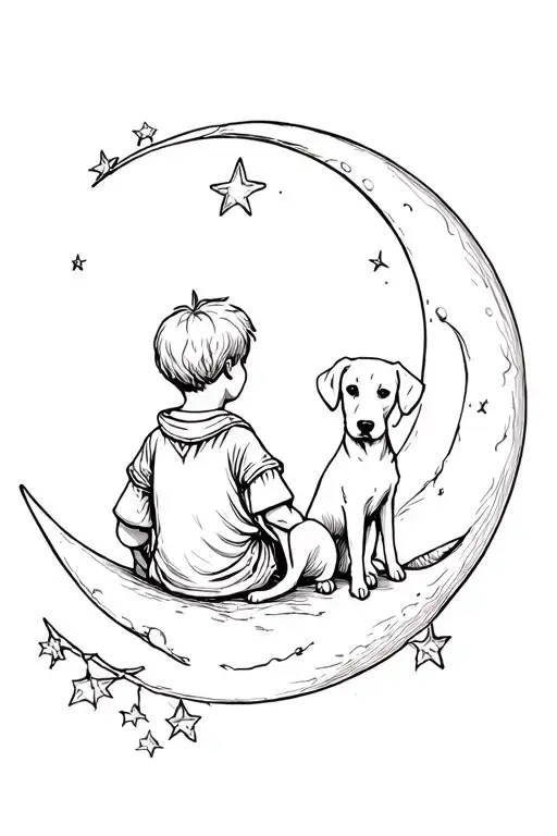 A little boy and a Labrador type dog seen from back sitting on a Moon Crescent Style Small Prince tattoo design idea