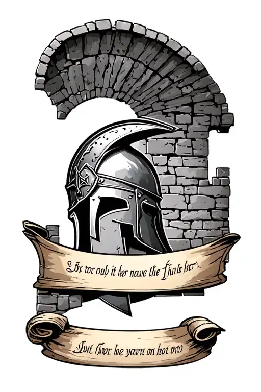 scroll, Bible verse, Spartan helmet, stone Castle wall background tattoo design idea