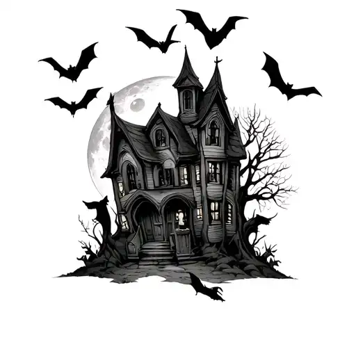 haunted house Graveyard moon bats crows cats tattoo design idea