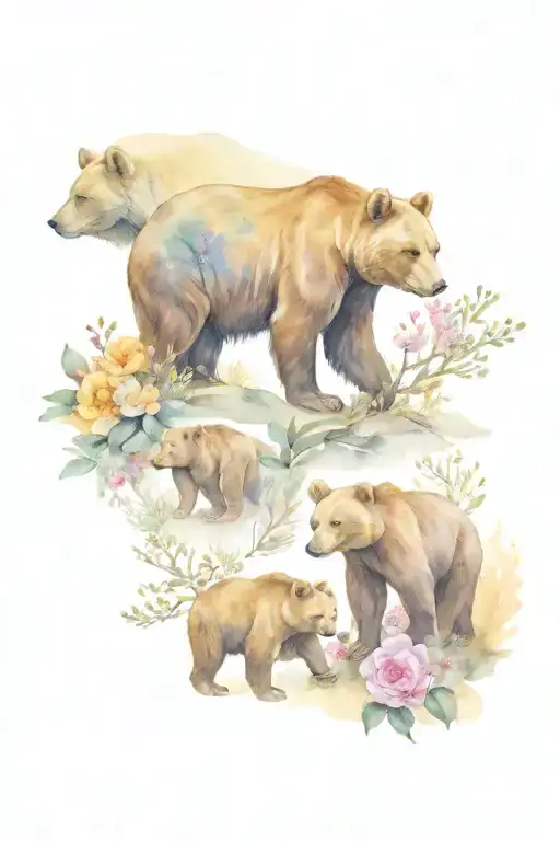 mama bear, 4 cubs, Joshua tree, Isaiah 46:4, flowers for September, December and may tattoo design idea