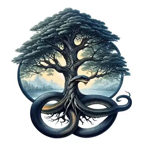 snake wrapping around tree of life intertwined tattoo design idea