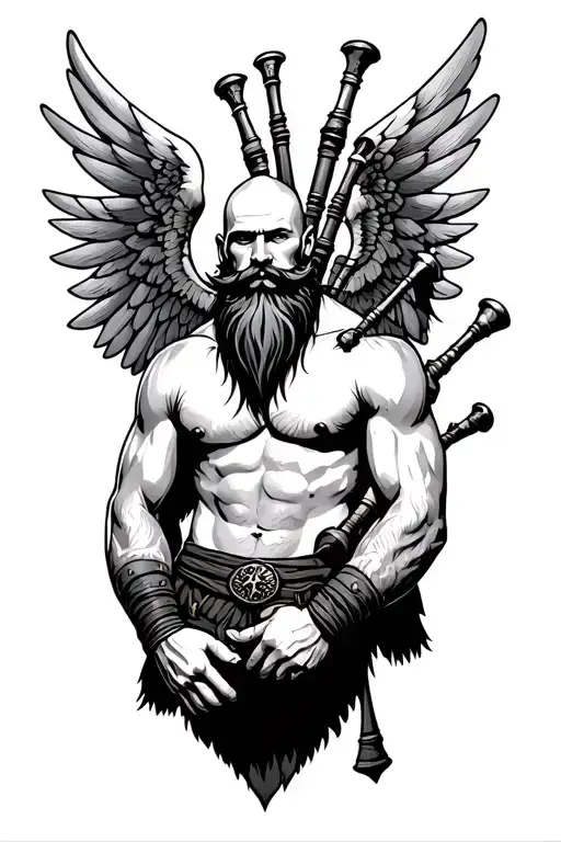 bald beard shirtless viking bagpipes wings on back tattoo design idea