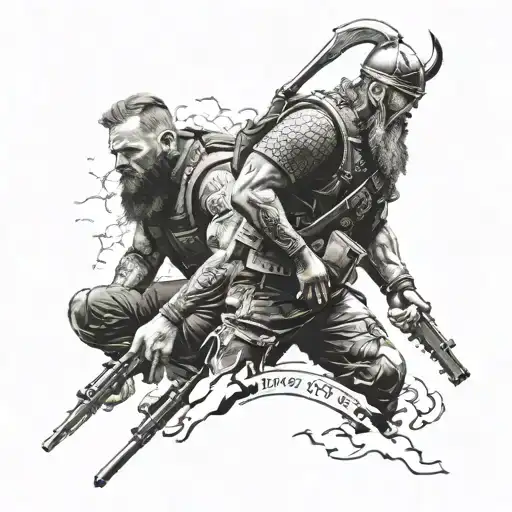 Russian special forces soldier and viking in section on background war tattoo design idea