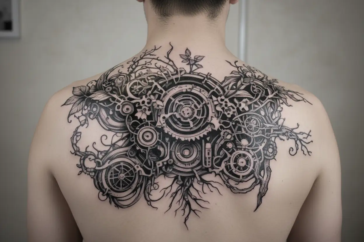 throat, flora, motherboard circuit, and roots intertwined and in cohesion together tattoo design idea