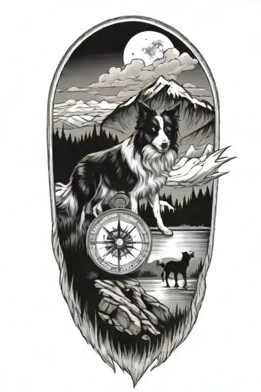 compass border collie portrait mountain scene tattoo design idea