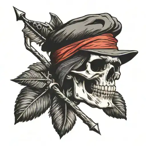 skull with a blindfold covering eyes, an apple sitting on top of the skull's head, and an arrow shot through skull tattoo design idea