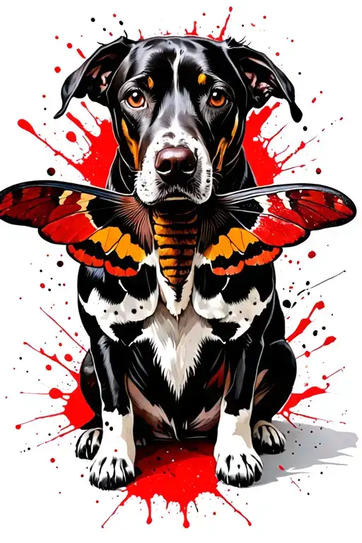 German shorthair dog sitting, horse shoe, death head hawk moth tattoo design idea