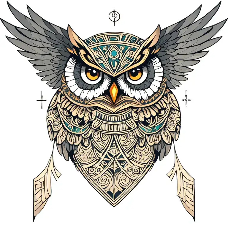 filigree all seeing eye pyramid owl wings  in background Anunnaki egyptian  tattoo design idea