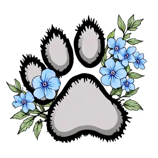 "C" dog paw print with forget me not flowers tattoo design idea