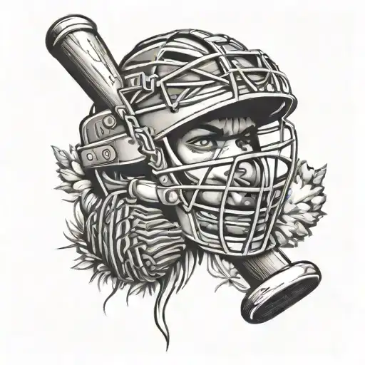 catchers mask, baseball glove, baseball bat, Pom poms tattoo design idea
