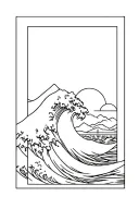a rectangle frame filled with a big ocean wave from the side, a mountain in the background and the sun setting tattoo design idea