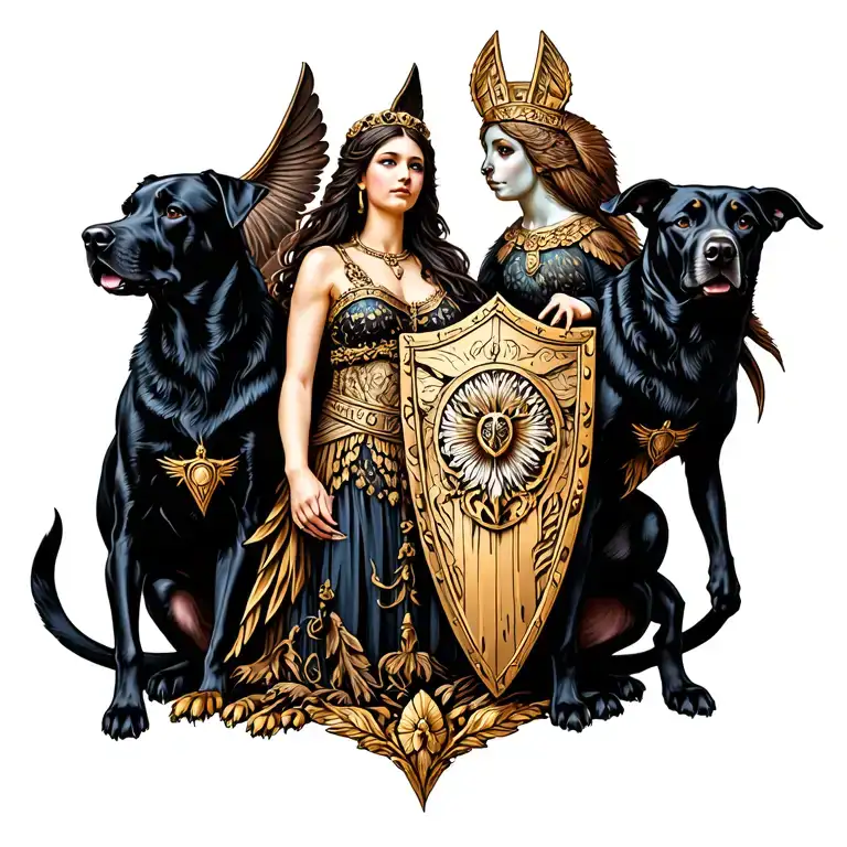 hecate goddess with 2 large black dogs and athena goddess with owl and shield in harmony  tattoo design idea