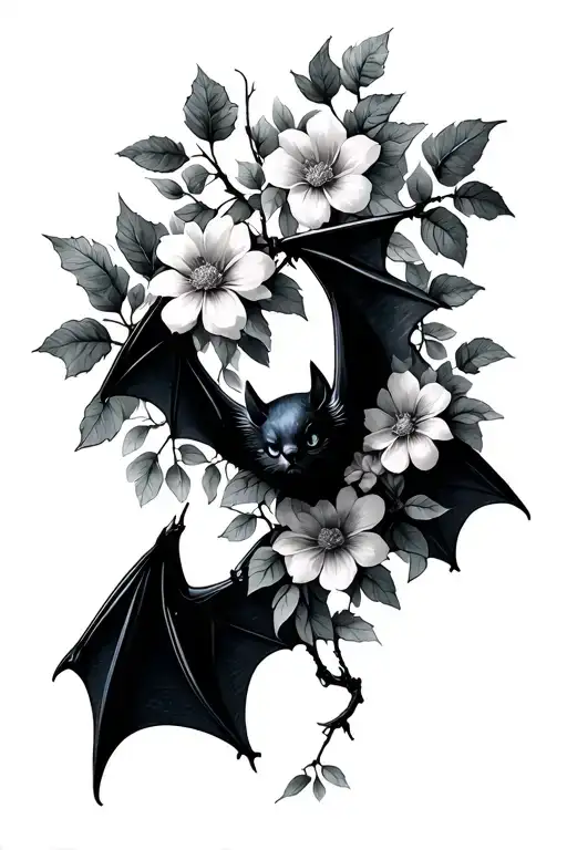 realistic bat hanging from branches on upper arm with flowers and leaves going over collar bone area tattoo design idea