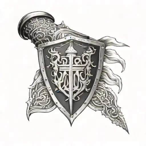 English knight pauldron with kanji symbols incorporated tattoo design idea