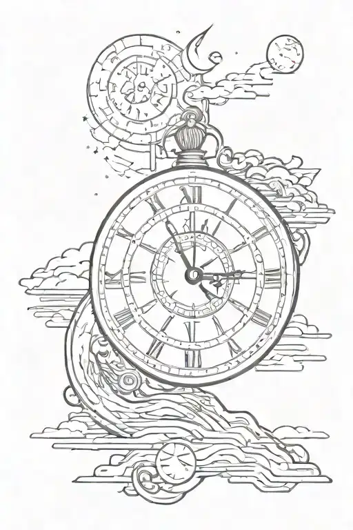 Clock with 12:00 AM as main focus. With the moon, the sun and the earth, with a small capricorn sign tattoo design idea