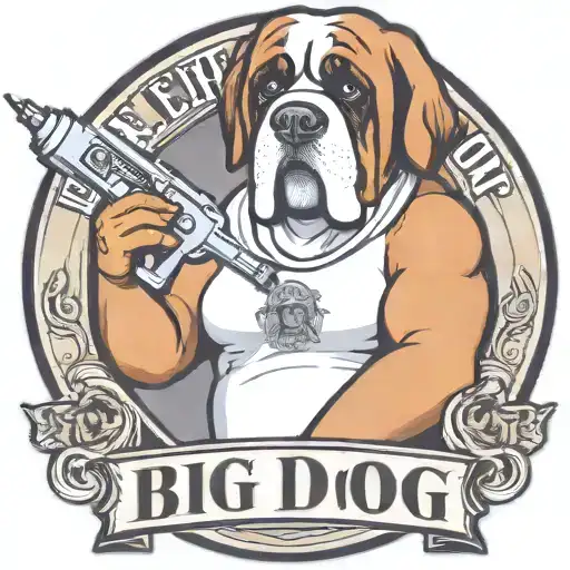 big dog tattoo shop logo, a person with st Bernard head holding a tattoo machine. wearing a t shirt    tattoo design idea