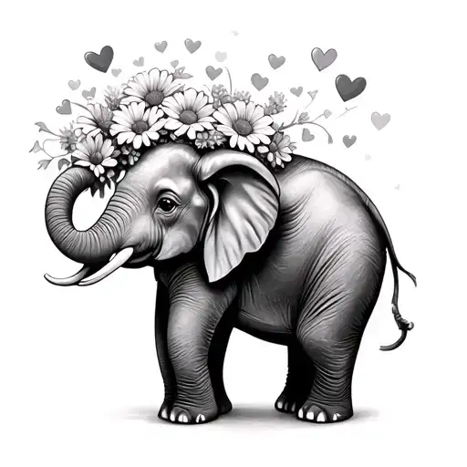 I want a mini baby elephant with flowers sticking out of the trunk with tiny hearts surrounding the elephant. Quartersiz tattoo design idea