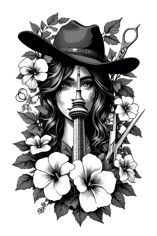 morning glory flowers with hidden cn tower, cowboy hat, nurses needle and hairdresser scissors in the vines tattoo design idea