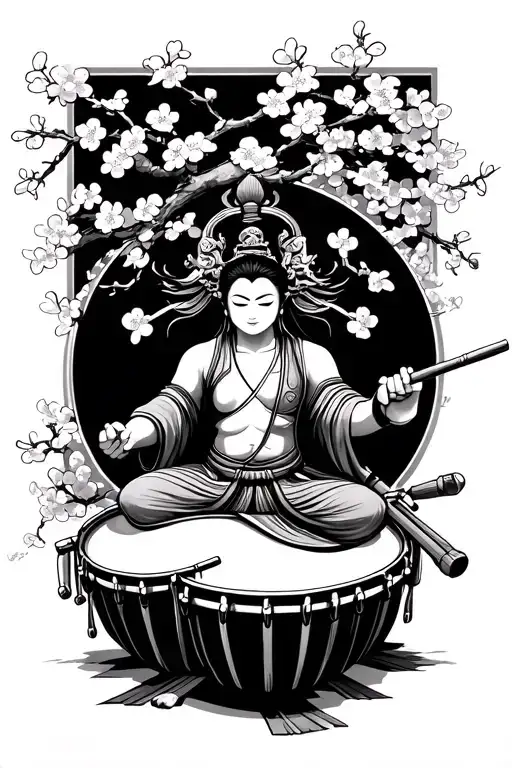 Raijin playing the drums amidst cherry blossoms tattoo design idea
