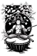 Raijin playing the drums amidst cherry blossoms tattoo design idea