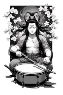 Raijin playing the drums amidst cherry blossoms tattoo design idea