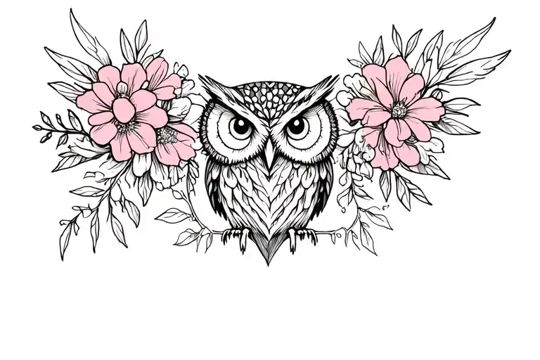 screech owl surrounded by flowers associated with hades and persephone  tattoo design idea