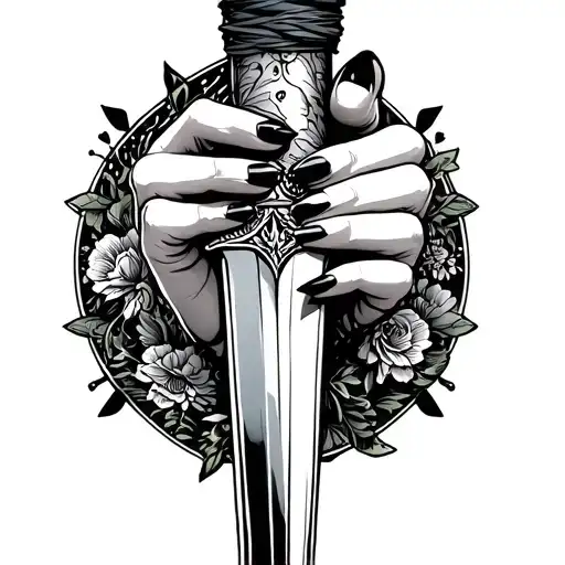 female hand, with black nails, holding a dagger, line work tattoo design idea
