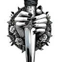 female hand, with black nails, holding a dagger, line work tattoo design idea