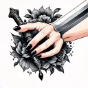 female hand, with black nails, holding a dagger, line work tattoo design idea