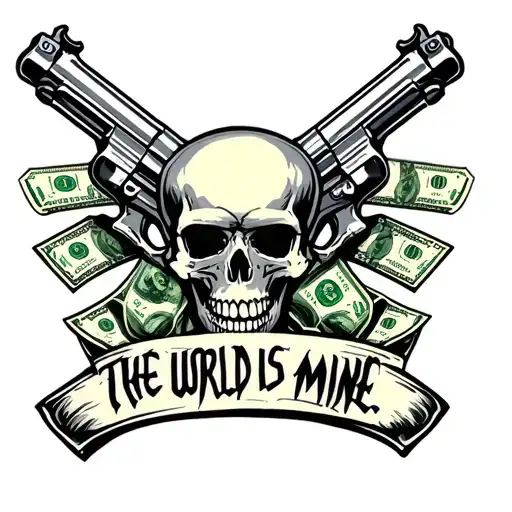 skulls with money and guns saying the world is mine tattoo design idea