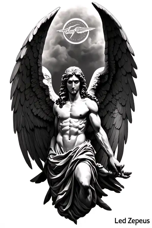 A black and grey realistic forearm tattoo design featuring the angel figure from the Led Zeppelin “Icarus” logo, muscula tattoo design idea