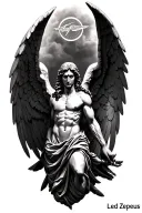 A black and grey realistic forearm tattoo design featuring the angel figure from the Led Zeppelin “Icarus” logo, muscula tattoo design idea