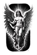 A black and grey realistic forearm tattoo design featuring the angel figure from the Led Zeppelin “Icarus” logo, muscula tattoo design idea