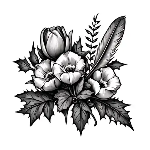 a leg sleeve that goes around like a vine with barbwire, tulips, holly hock flowers, soybeans, pheasant feathers for men tattoo design idea