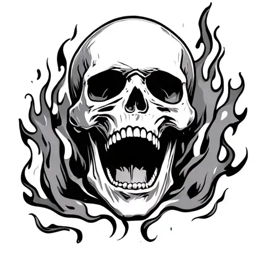 black and white skull, viewed frontally, laughing in flames tattoo design idea