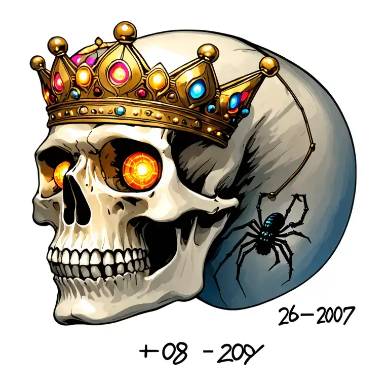 skull with a crown that reads 26-08-2007 with lights in eyes and mouth that has a spider climbing on skull  tattoo design idea