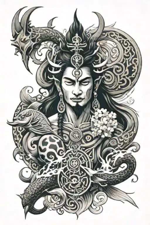 A tattoo featuring Lord Shiva's Trishul, a globe, and Pisces fish with abstract waves which shows power,ambition  tattoo design idea