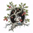 shoulder tatoo with cherry tree branching out with roots referencing alice in wonderland sitting under it tattoo design idea