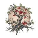 shoulder tatoo with cherry tree branching out with roots referencing alice in wonderland sitting under it tattoo design idea