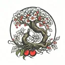 shoulder tatoo with cherry tree branching out with roots referencing alice in wonderland sitting under it tattoo design idea