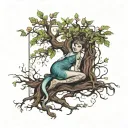 shoulder tatoo with cherry tree branching out with roots referencing alice in wonderland sitting under it tattoo design idea