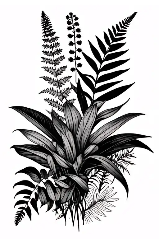 A blend of geometric and botanical elements: Snake Plant, fern, rue, lavender, benzoin, mimosa tenuiflora, bougainvillea tattoo design idea
