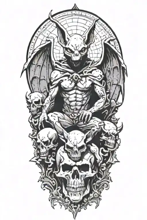 A bat gargoyle covered in blood. Standing on a pile of small skulls. Temple of Sharr, Myrkul, occultism, tortured souls tattoo design idea
