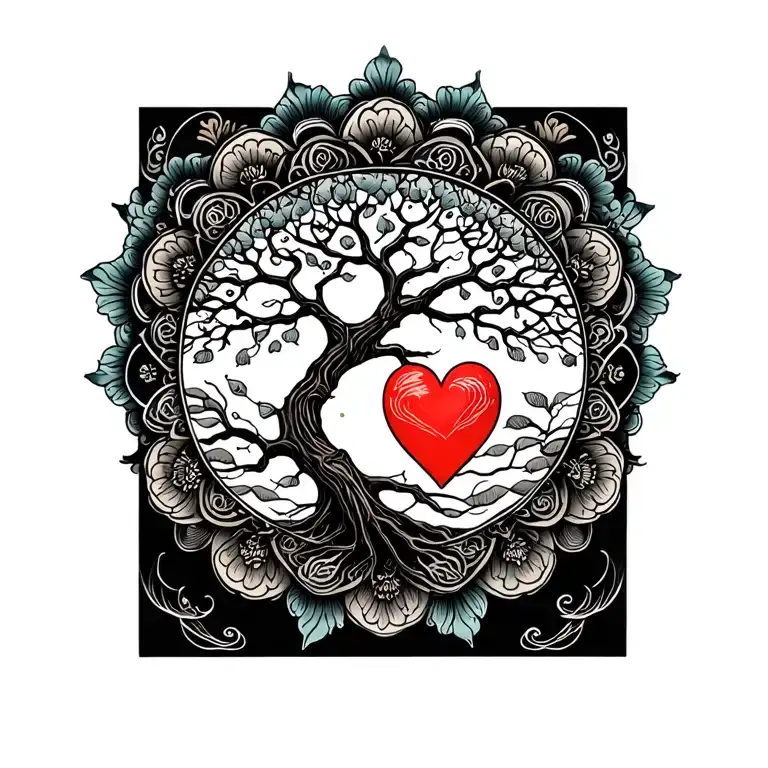 intricate mandala design incorporating tree of life and heart tattoo design idea