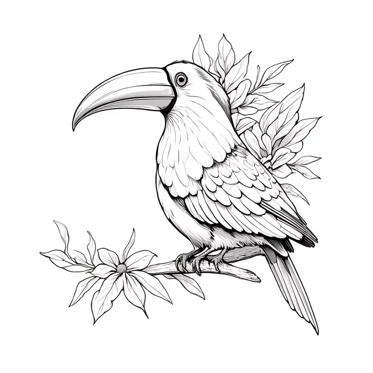 floral winged toucan perched tattoo design idea