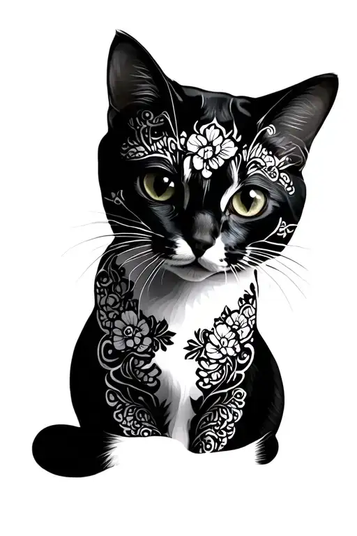 white cat floral lace like patterns tattoo design idea
